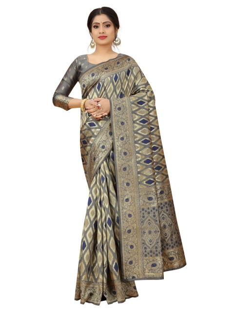 

MOKSHA DESIGNS Grey & Navy Blue Ethnic Motifs Zari Pure Silk Banarasi Saree