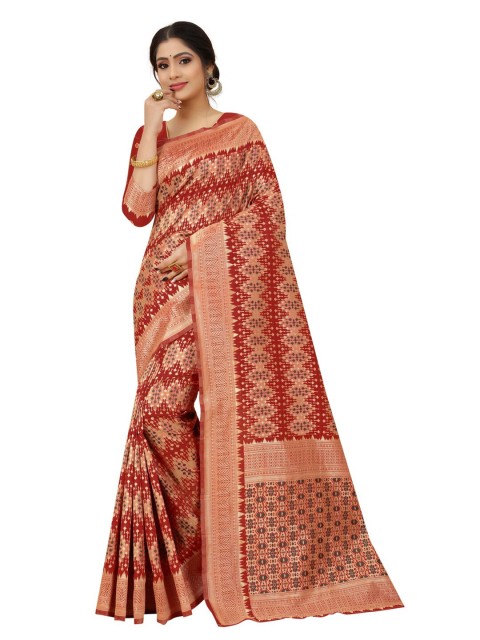 

MOKSHA DESIGNS Maroon & Green Ethnic Motifs Zari Pure Silk Banarasi Saree