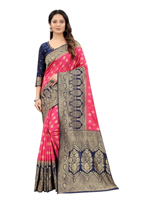 

MOKSHA DESIGNS Pink & Navy Blue Woven Design Zari Pure Silk Banarasi Saree