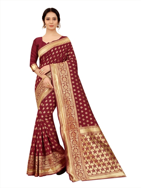 

MOKSHA DESIGNS Maroon & Gold-Toned Woven Design Zari Pure Silk Banarasi Saree