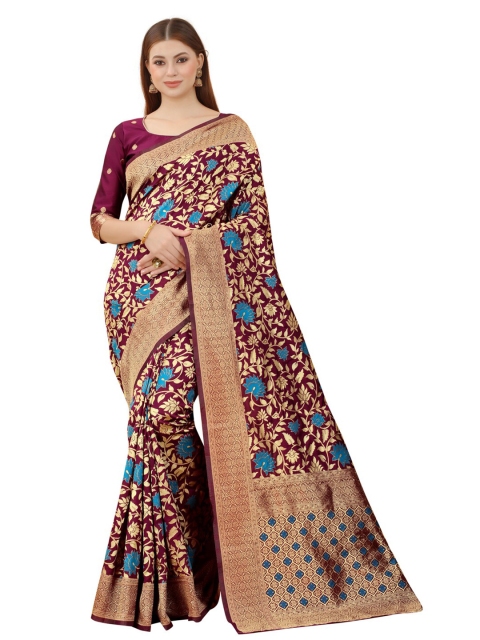 

MOKSHA DESIGNS Coffee Brown & Gold-Toned Woven Design Zari Pure Silk Banarasi Saree