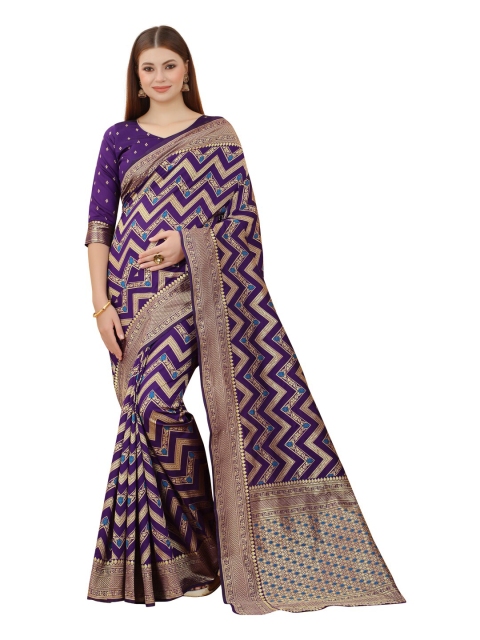

MOKSHA DESIGNS Purple & Gold-Toned Woven Design Zari Pure Silk Banarasi Saree