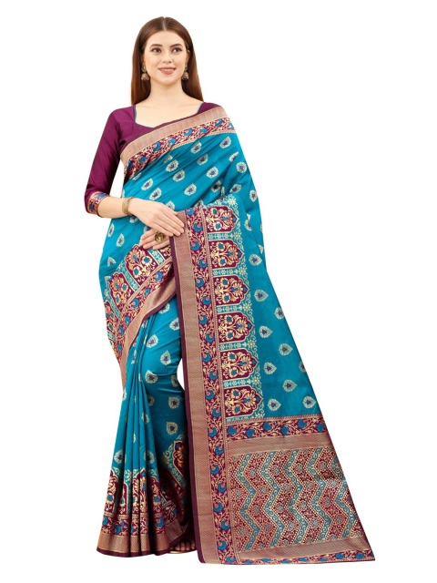 

MOKSHA DESIGNS Blue & Red Woven Design Zari Pure Silk Banarasi Saree