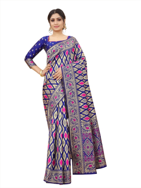 

MOKSHA DESIGNS Navy Blue & Magenta Woven Design Zari Pure Silk Banarasi Saree