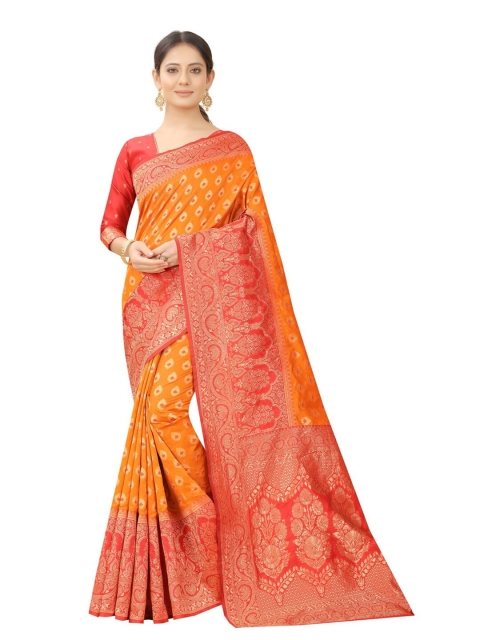 

MOKSHA DESIGNS Orange & Gold-Toned Woven Design Zari Pure Silk Banarasi Saree