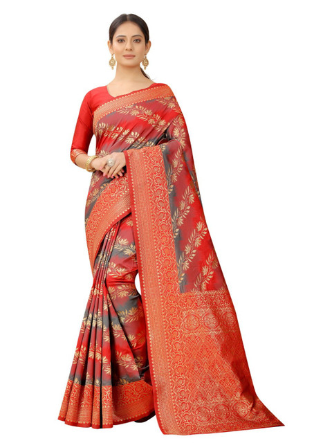 

MOKSHA DESIGNS Red & Grey Floral Zari Pure Silk Banarasi Saree