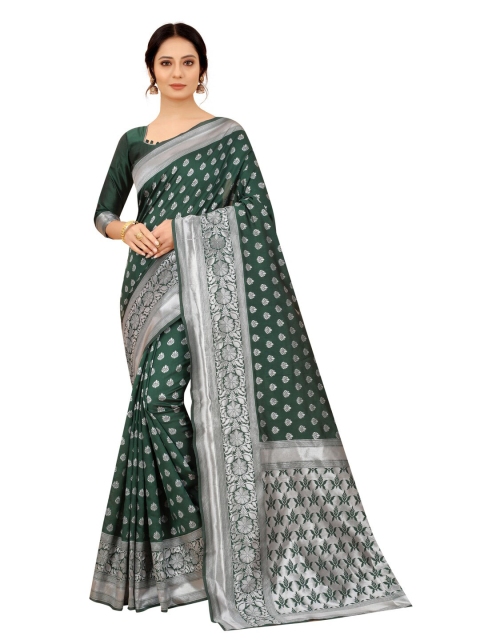 

MOKSHA DESIGNS Green & Silver-Toned Ethnic Motifs Zari Pure Silk Banarasi Saree