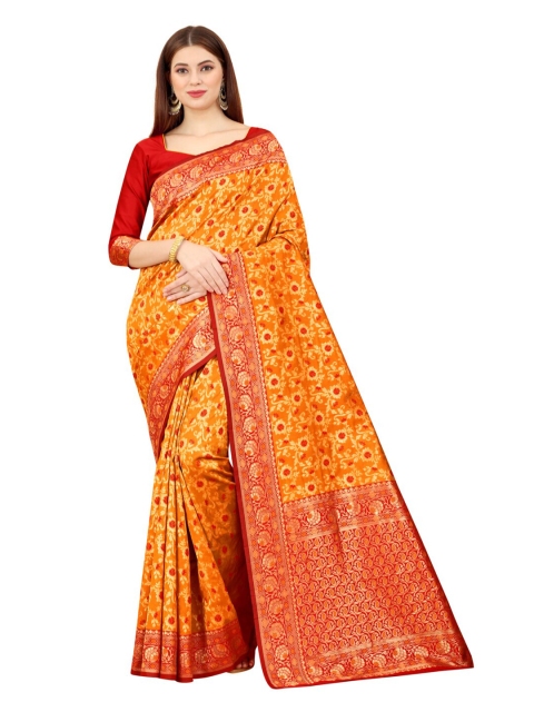

MOKSHA DESIGNS Gold-Toned & Red Woven Design Zari Pure Silk Banarasi Saree