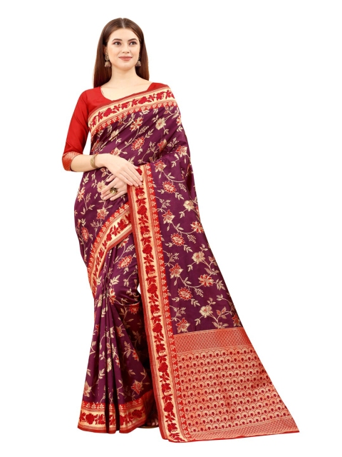 

MOKSHA DESIGNS Burgundy & Red Floral Zari Pure Silk Banarasi Saree