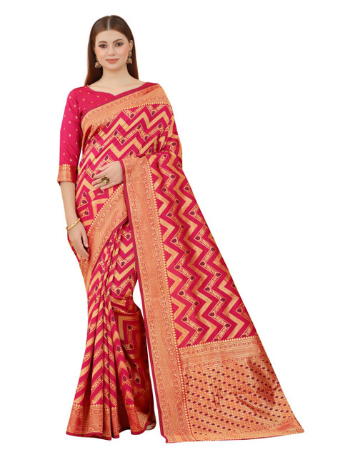 

MOKSHA DESIGNS Pink & Gold-Toned Zari Pure Silk Banarasi Saree