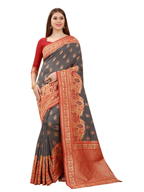

MOKSHA DESIGNS Grey & Red Woven Design Zari Pure Silk Banarasi Saree