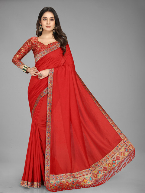 

Grubstaker Red & Blue Zari Pure Silk Saree