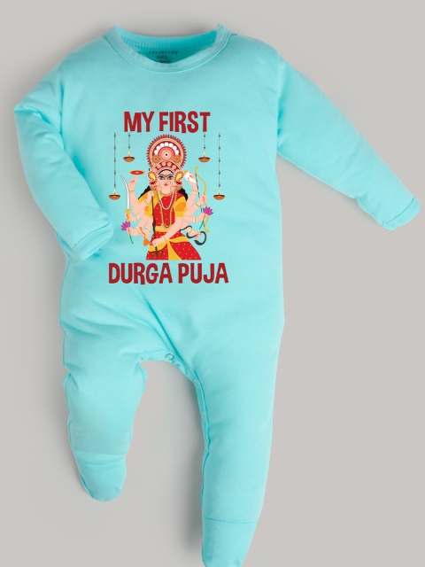 

FFLIRTYGO Kids Turquoise Blue & Red Durga Printed Basic Jumpsuit