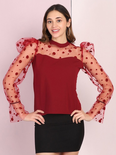 

BUY NEW TREND Women Maroon Puff Sleeve Lace Top