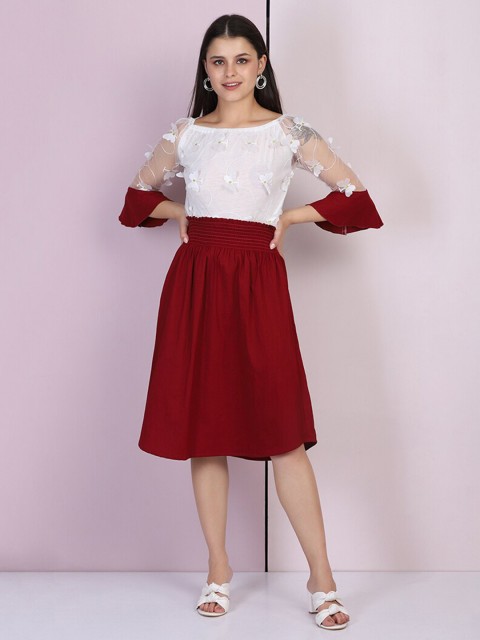 

BUY NEW TREND Women Maroon & White Applique Dress