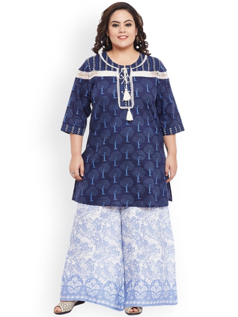 

TALINUM Women Navy Blue Printed Straight Kurta