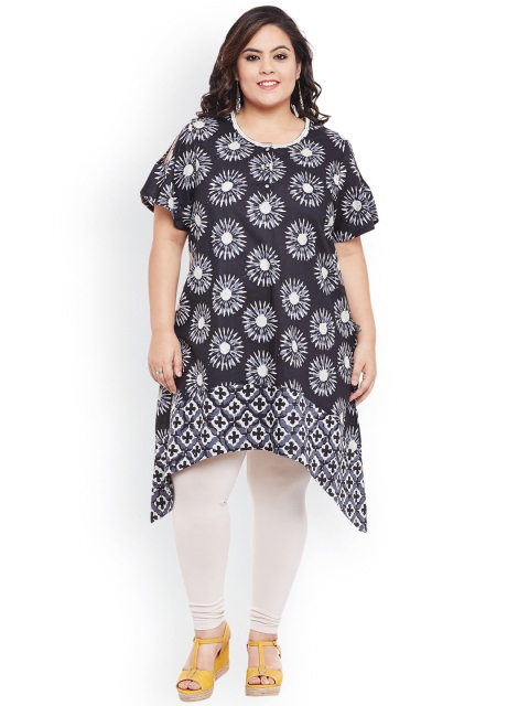 

TALINUM Women Black & Off-White Printed Asymmetric Hemline A-Line Kurta