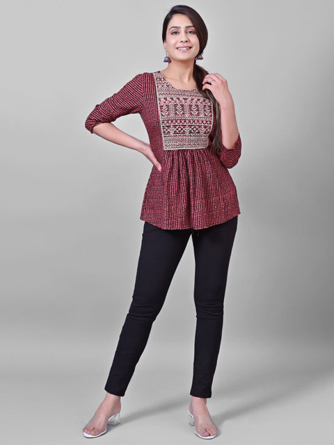 

PRAKRTEE Women Black & Red Checked Peplum Top