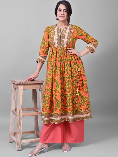 

PRAKRTEE Women Mustard Yellow Ethnic Motifs Printed Thread Work Anarkali Kurta