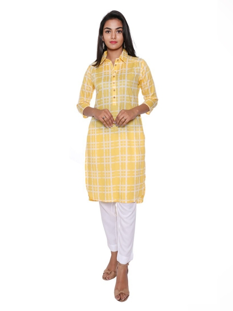

SUTI Yellow & White Viscose Rayon Shirt Collar Checked Tunic