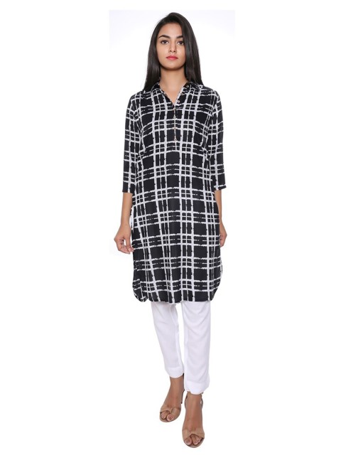 

SUTI Black & White Viscose Rayon Shirt Collar Checked Tunic