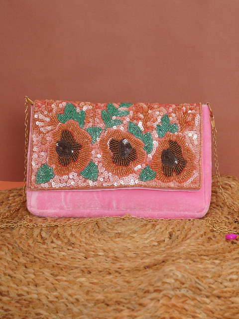 

FABBHUE Pink & Turquoise Blue Embroidered Foldover Clutch