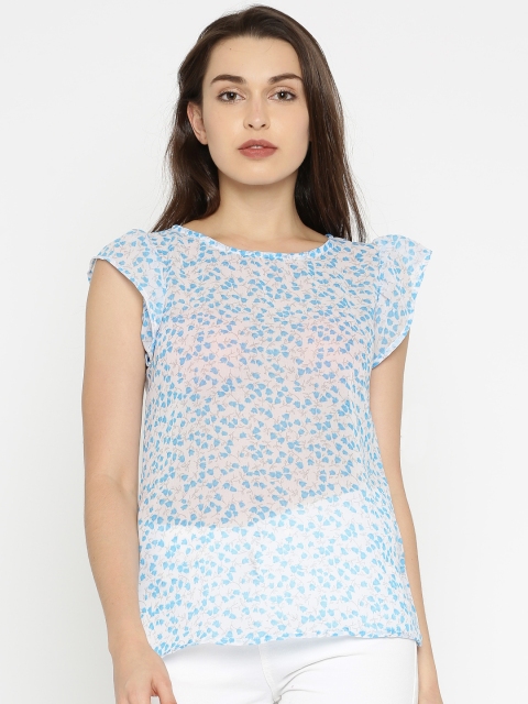 

Moda Rapido Women White & Blue Printed Sheer Top