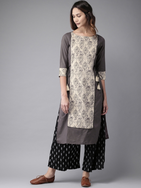 

HERE&NOW Women Beige & Grey Printed Straight Kurta