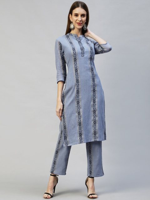 

FASHOR Woman Blue Striped Woven Kurta Set