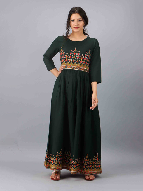 

KALINI Green Printed Embroidered Ethnic Maxi Dress