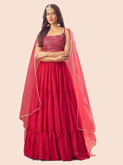 

YOYO Fashion Women Red Embroidered Sequinned Semi-Stitched Lehenga & Unstitched Blouse With Dupatta
