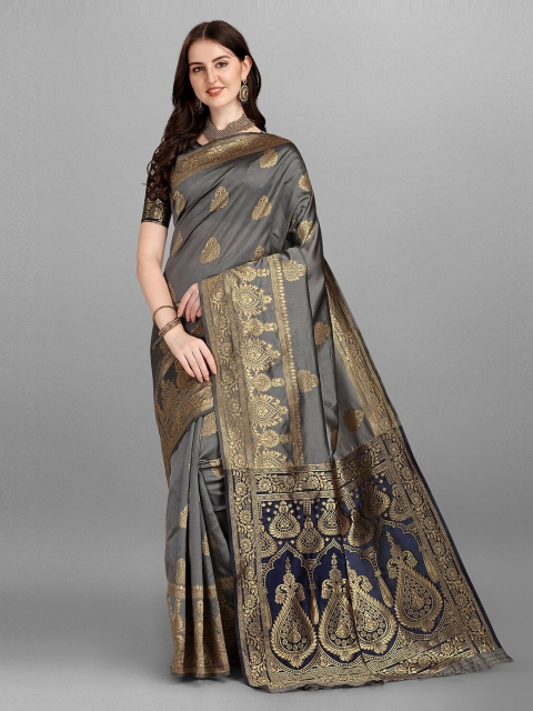 

Ethnic Yard Grey & Gold-Toned Ethnic Motifs Zari Art Silk Saree