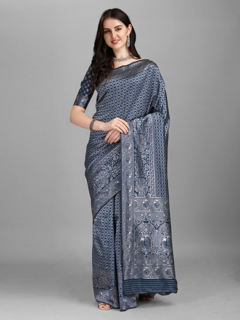

Ethnic Yard Teal & Silver Woven Design Cotton Blend Saree