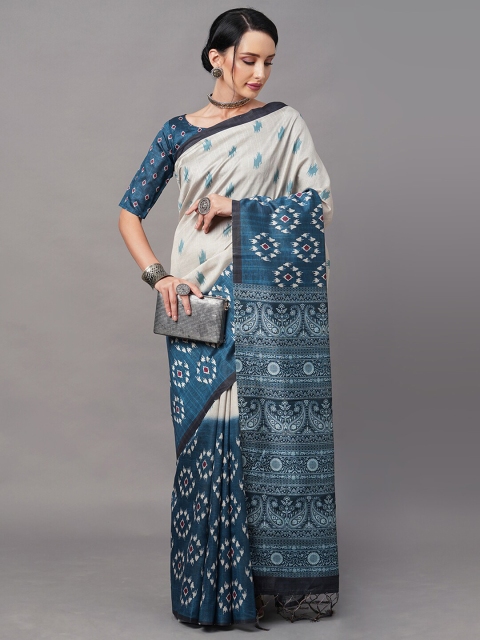 

Mitera Blue & White Ethnic Motifs Art Silk Ikat Saree