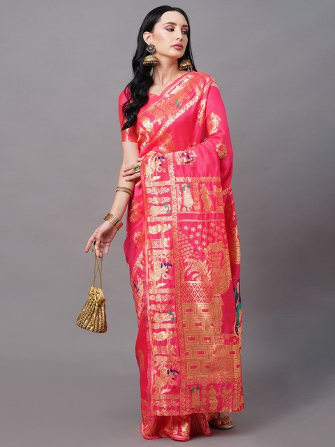 

Mitera Pink & Purple Woven Design Zari Baluchari Saree