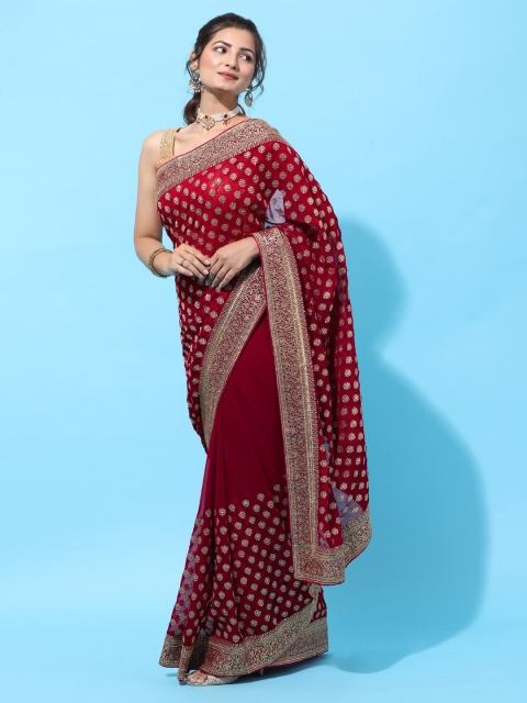

kasee Red & Gold-Toned Floral Embroidered Pure Georgette Heavy Work Saree