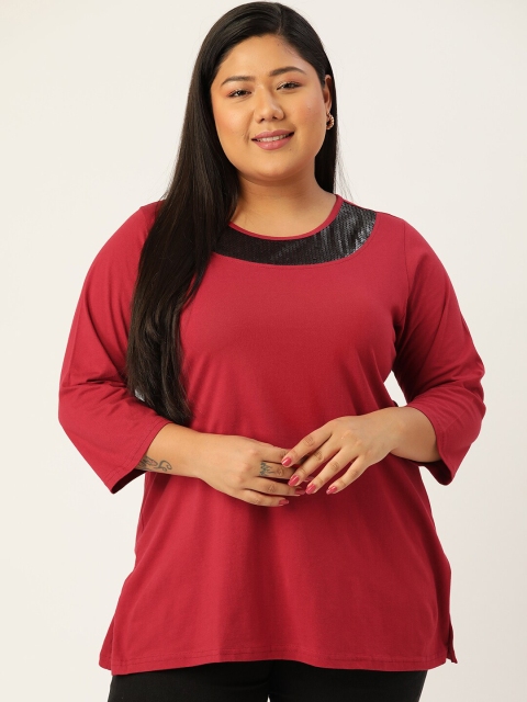 

theRebelinme Plus Size Women's Maroon Solid Top With Sequin Detail