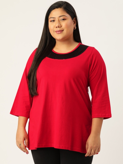 

theRebelinme Women Red & Black Sequined Pure Cotton Longline Top