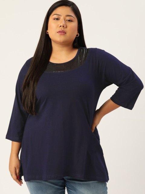 

theRebelinme Plus Size Navy Blue & Black Sequined Pure Cotton Top