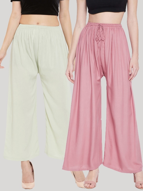 

Clora Creation Women Pack Of 2 Green & Pink Solid Flared Palazzos