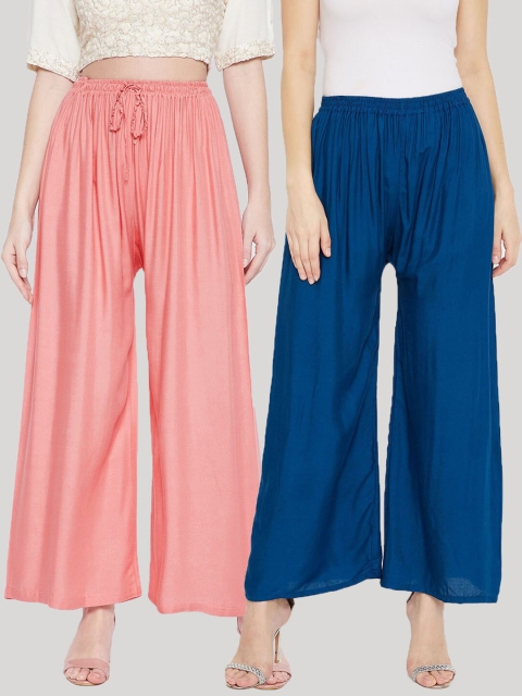 

Clora Creation Women Pack Of 2 Peach-Coloured & Blue Flared Cropped Ethnic Palazzos