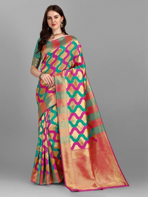 

Fashion Basket Green & Pink Woven Design Art Silk Saree