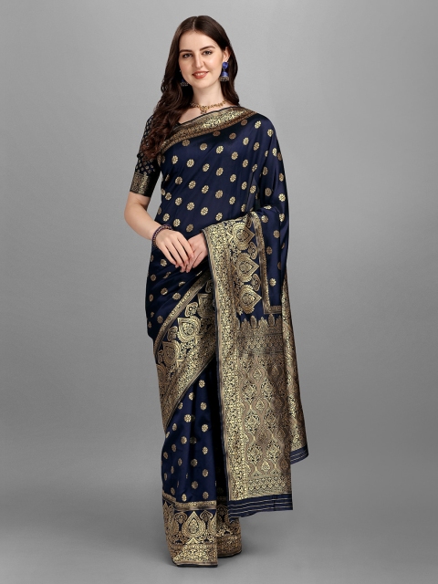 

Fashion Basket Navy Blue & Gold-Toned Woven Design Saree