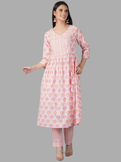 

METRO-FASHION Women Peach Printed Angrakha Gotta Patti Kurti With Trouser