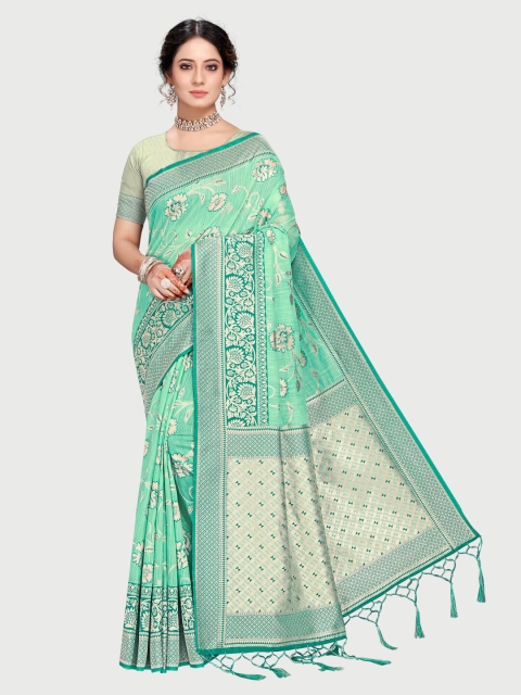 

Rekha Maniyar Green & Silver-Toned Floral Zari Silk Blend Banarasi Saree