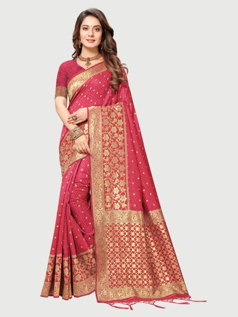 

Rekha Maniyar Pink & Gold-Toned Ethnic Motifs Zari Silk Blend Mysore Silk Saree