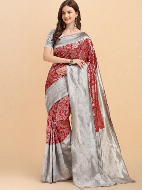 

Fashion Basket Red & Silver-Toned Woven Design Cotton Blend Saree