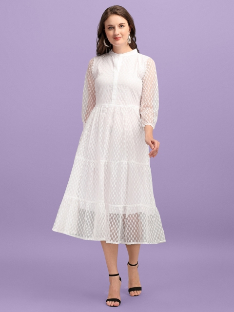 

JAPESH White Women Solid Mandarin Collar Gathered Net Midi Dress