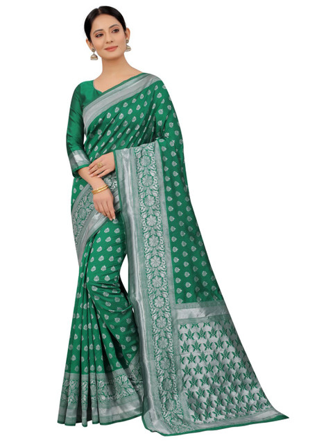 

MOKSHA DESIGNS Green & Silver-Toned Woven Design Zari Pure Silk Paithani Saree