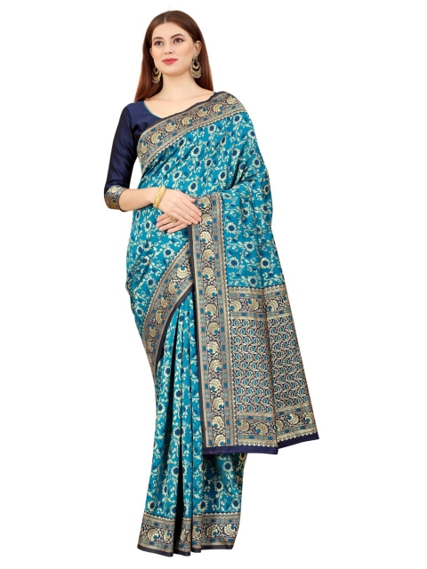 

MOKSHA DESIGNS Turquoise Blue & Navy Blue Woven Design Zari Pure Silk Paithani Saree